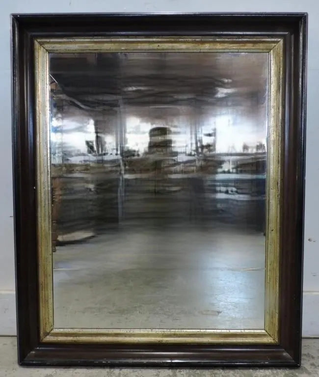 ANTIQUE WOOD FRAME GILDED EDGE WALL MIRROR