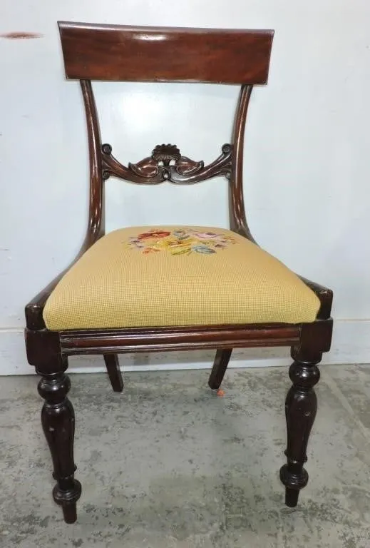 ANTIQUE MAHOGANY SIDE CHAIR WITH NEEDLEPOINT SEAT
