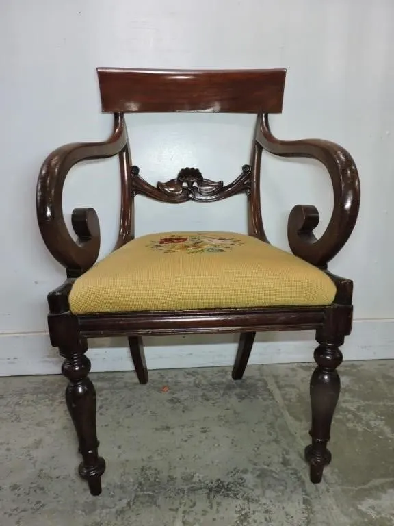 ANTIQUE MAHOGANY ARMCHAIR WITH NEEDLEPOINT SEAT