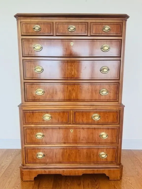 DREXEL GEORGIAN STYLE YEW WOOD CHEST ON CHEST