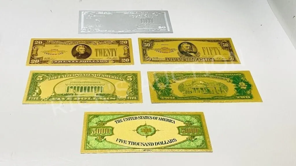 6- USA, gold & silver foil collectable bank notes