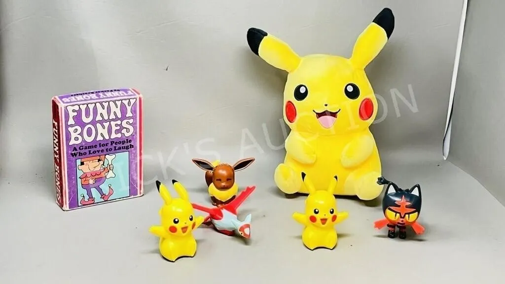 asst'd Pokemon toys/ stuffies+ funny bones game