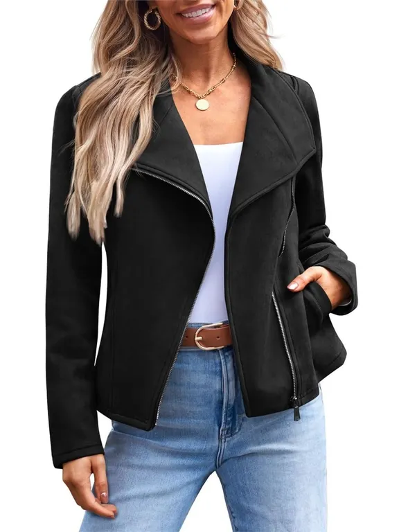 Automet Womens Faux Suede Moto Jacket Black Large