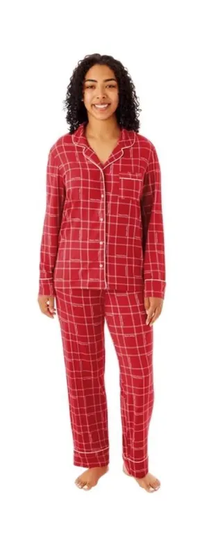 DreamMerch Notch Collar Pajama Set Red Plaid...