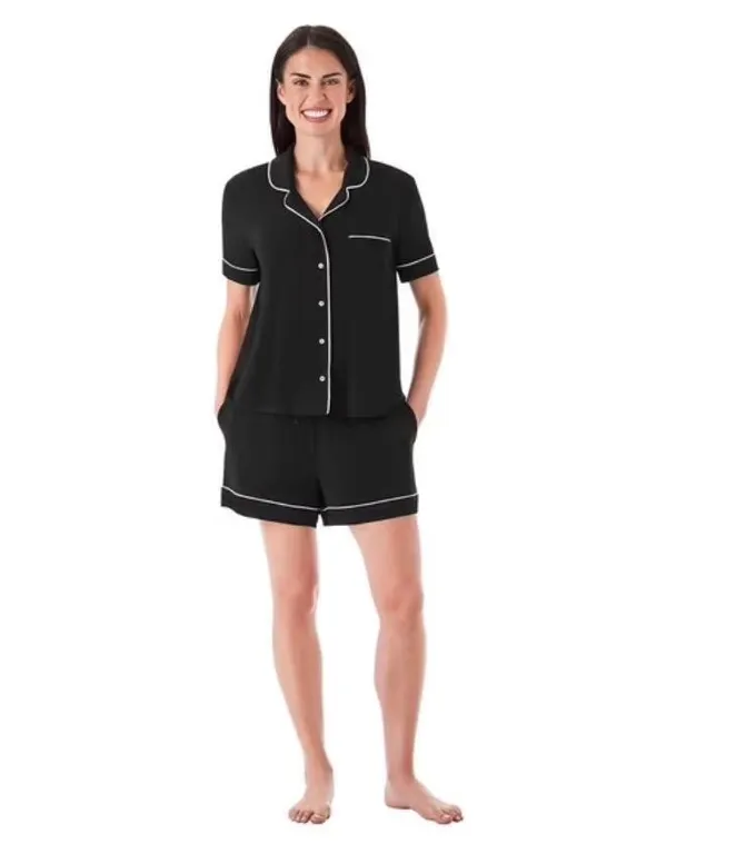 Womens Black Pajama Set With White Piping Size L