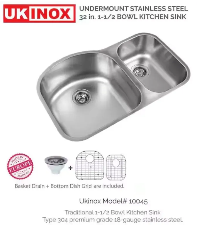 Ukinox UK10045 31.5in Double Bowl Kitchen Sink