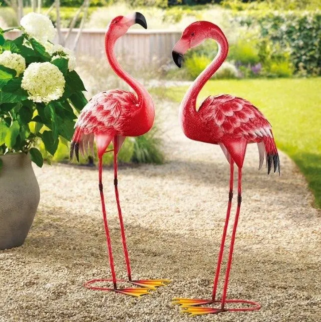 Metal Flamingo Statues 2pk