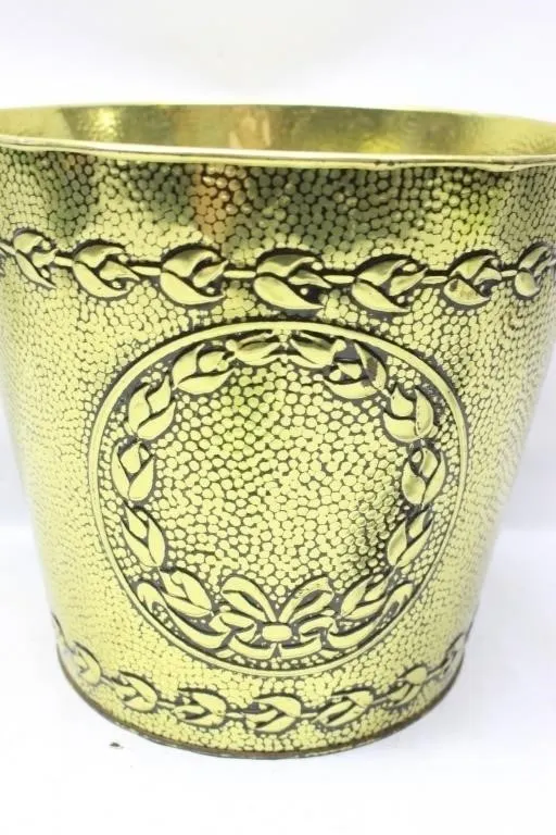 Embossed Brass Waste Basket with Wreath Design
