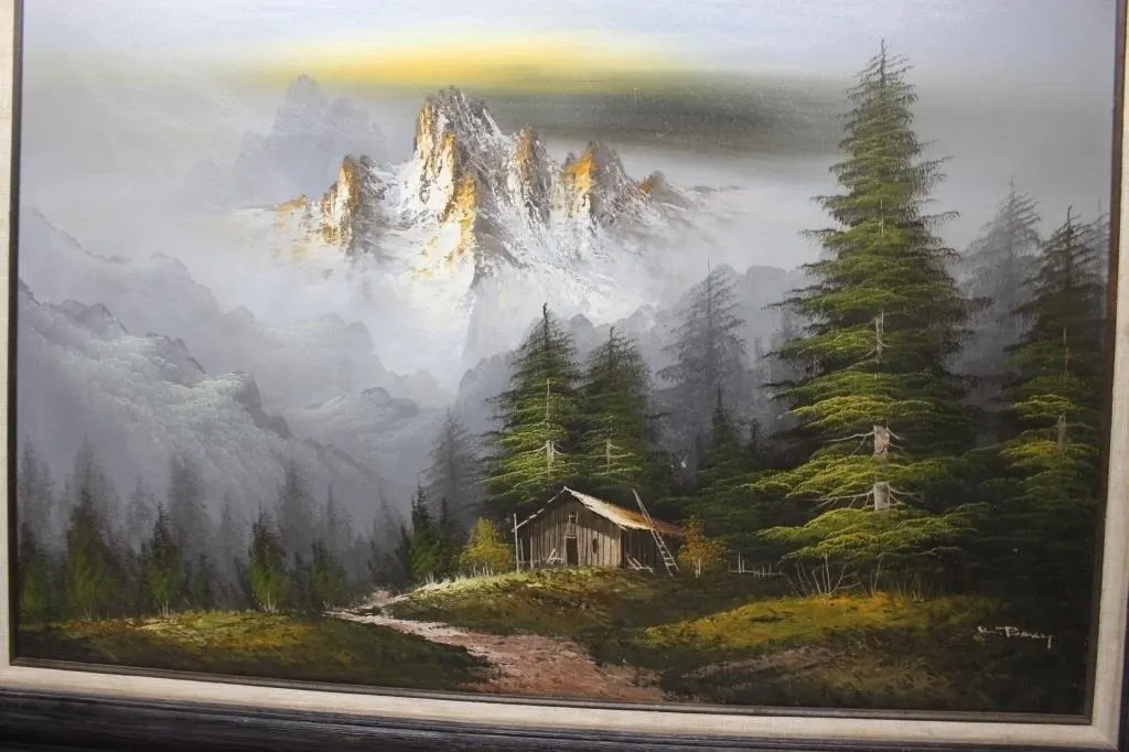 Framed Mountain Landscape Oil Painting, Signed