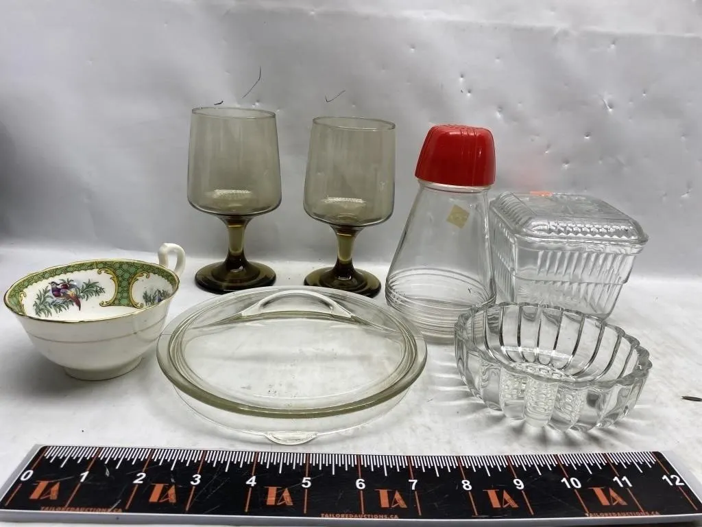 Mixed Glassware Lot: Goblets, Dishes, Teacup
