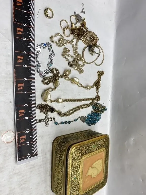 Costume Jewelry Lot in Floral Tin Box