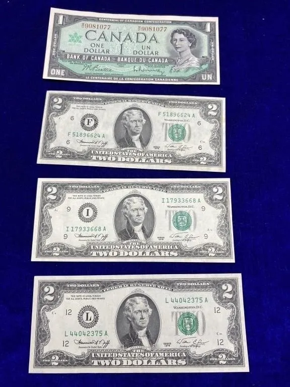1967 Canada $1 Note & Three US $2 Bills