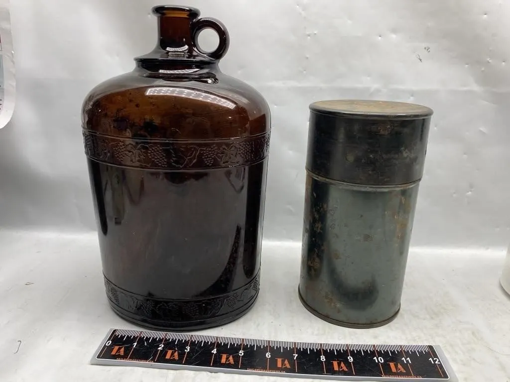 Amber Glass Grape Jug & Metal Tin Container