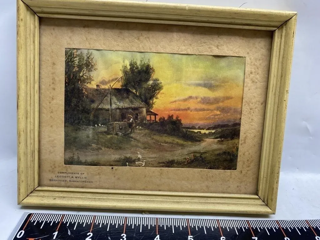 Framed print, farmhouse sunset scene, Leggett &
