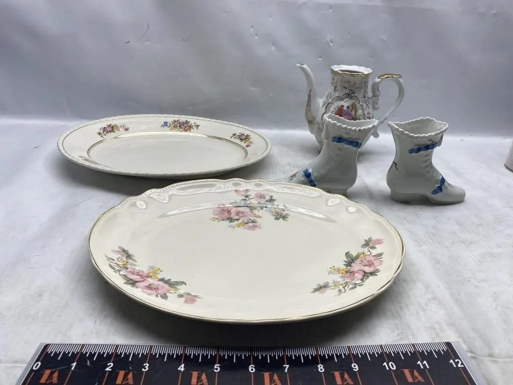 Porcelain Platters, Teapot & Boot Vases Lot