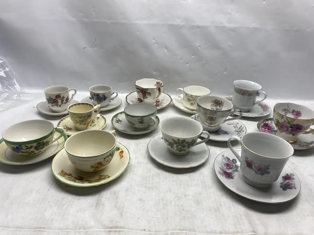 Collection of vintage floral teacups and saucers