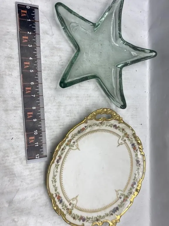 Glass star dish & Limoges gilt floral plate
