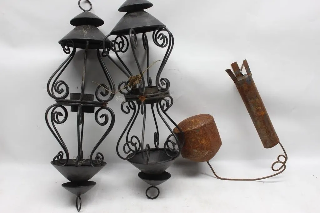 Wrought Iron Hanging Candle Lanterns & Rusty Metal