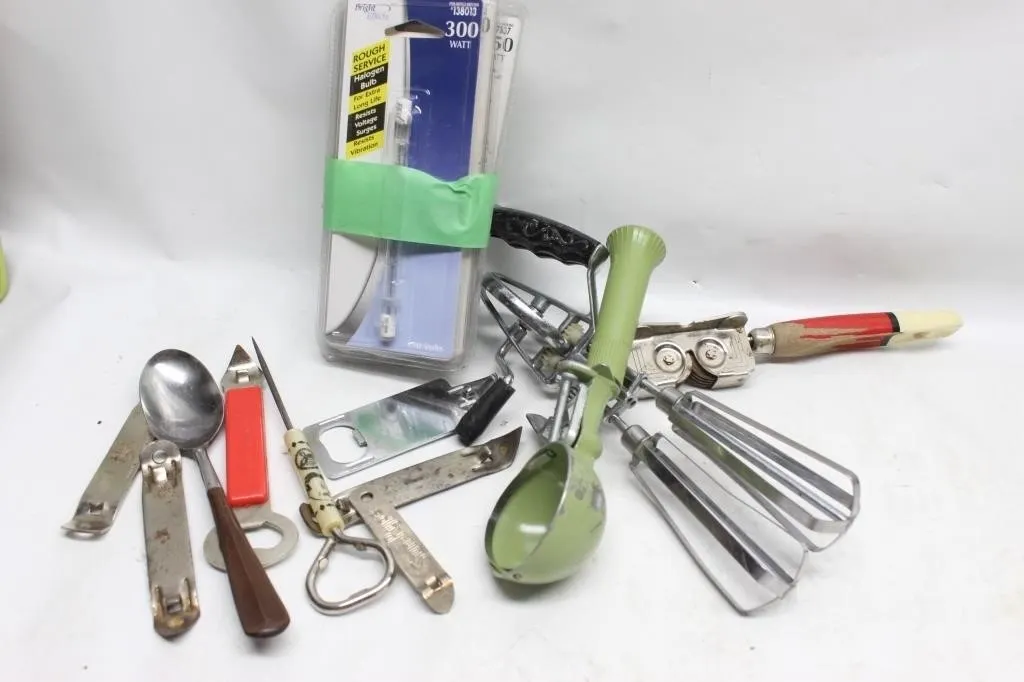 Vintage Kitchen Tool Lot: Can Openers, Mixer,