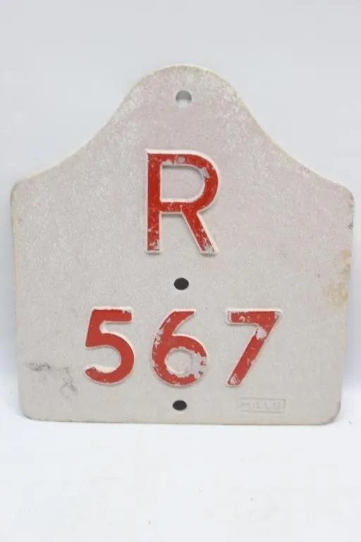 Vintage "R 567" Hills Livestock Tag Sign