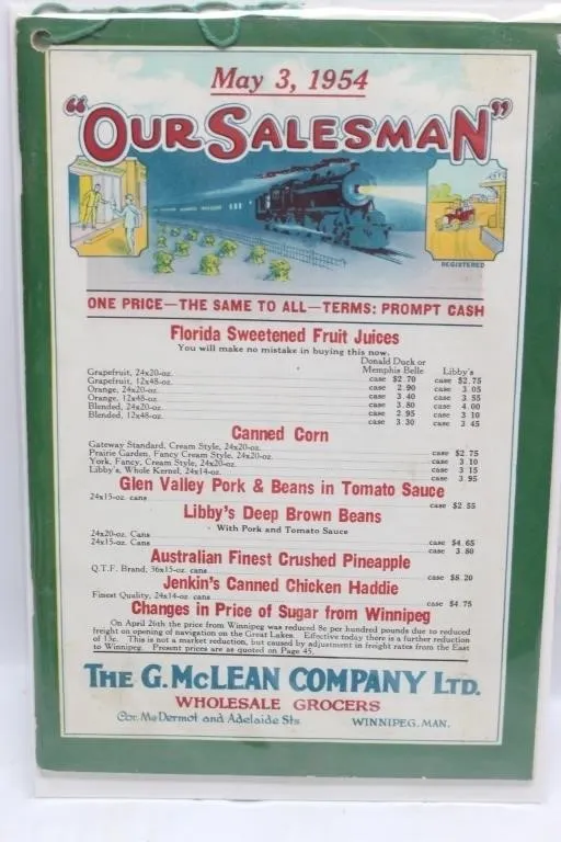 1954 "Our Salesman" G. McLean Grocers Price Shee