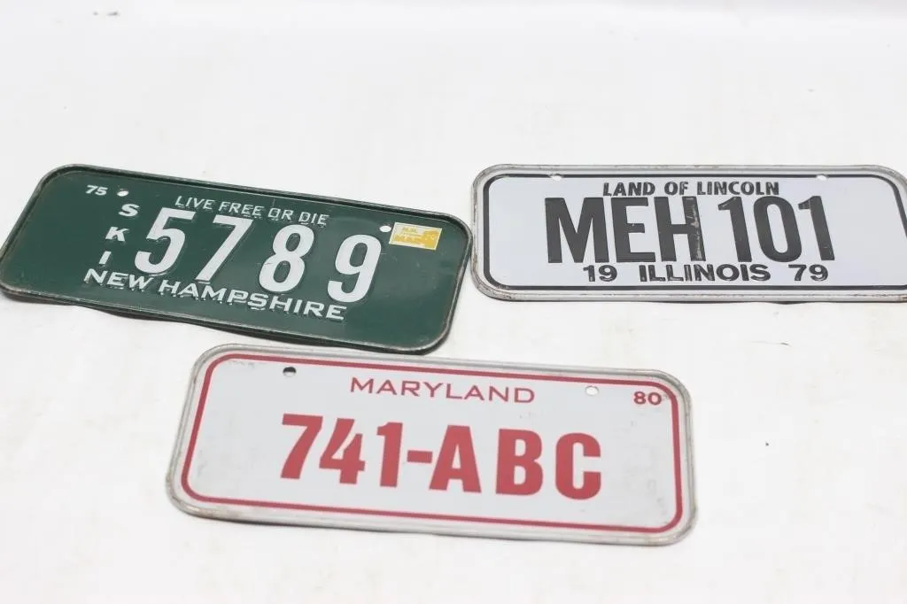 Vintage License Plates: NH, IL, MD (Set of 3)