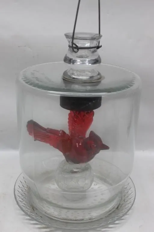 Glass Cardinal Bird Cloche Display with Crackle