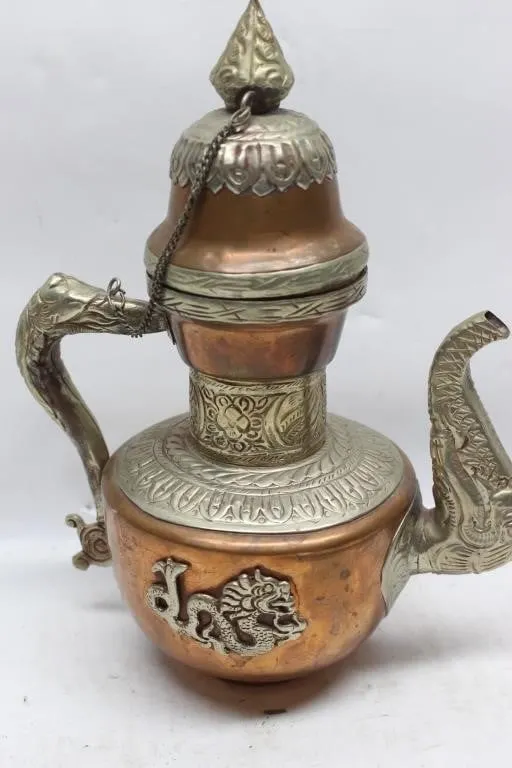 Tibetan Copper & Brass Repousse Ewer with Dragon
