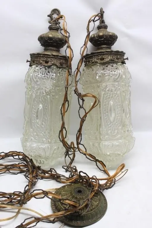 Pair of Ornate Brass & Glass Swag Pendant Lamps