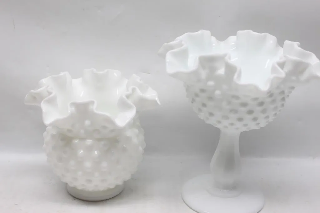 Fenton Hobnail Milk Glass Ruffled Compote & Bowl
