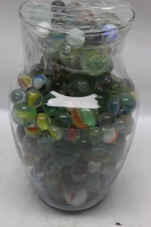 Large jar of vintage glass marbles, mixed swirl