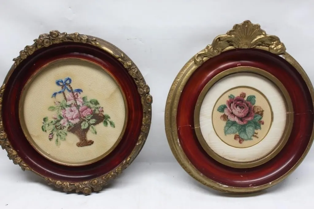 Pair of Antique Framed Needlepoint Rose Pictures