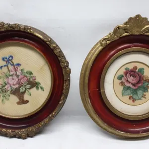 Pair of Antique Framed Needlepoint Rose Pictures