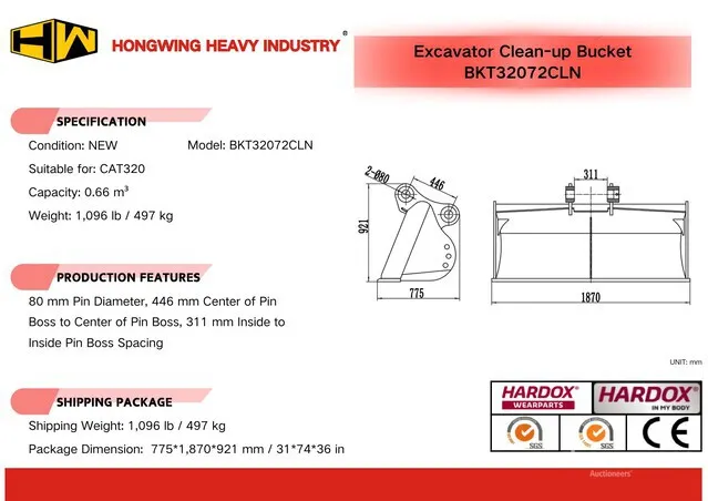 2026 HW BKT32072CLN 72 in 0.66 m3 Cleanup Excavator Bucket - Fits Cat 320 (Unused)