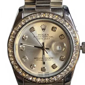 Rolex Oyster Perpetual Datejust Replica Watch, Diamond Hour Markers, Silver Dial