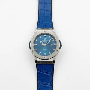 Hublot Style Blue Dial Stainless Steel Replica Quartz Watch with Blue Crocodile Strap
