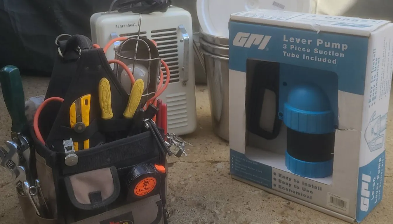 Tool Kit, Stainless Pails, GPI Lever Pump, and Fahrenheat Heater