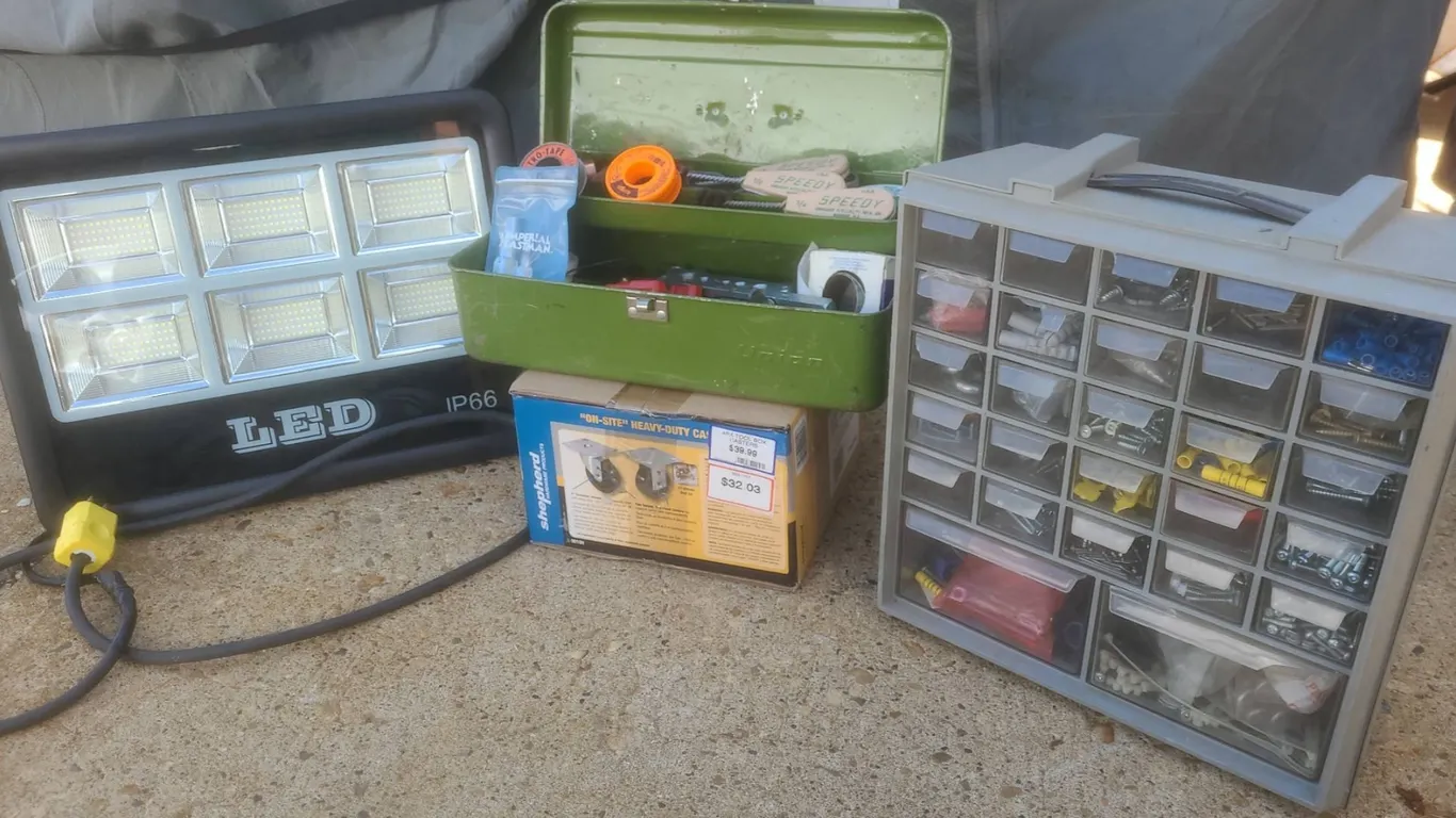 200W LED Flood Light, Union Tool Box with Plumbing Tools
