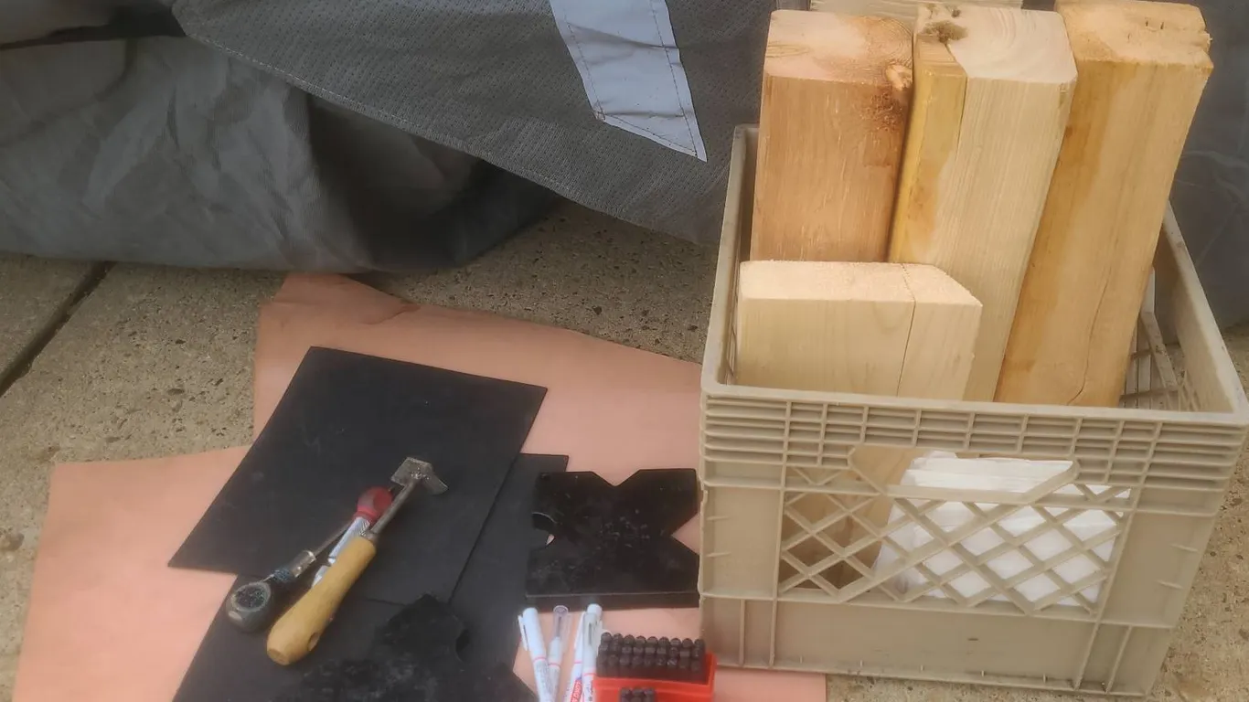 Wood Offcuts, Leather Scraps, Rubber Mats, Tools