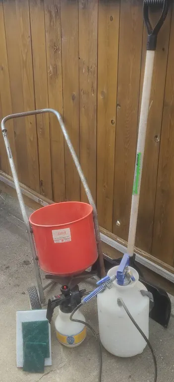 Yard Tools Lot: Erie Broadcast Spreader, Pump Sprayers, Snow Pusher