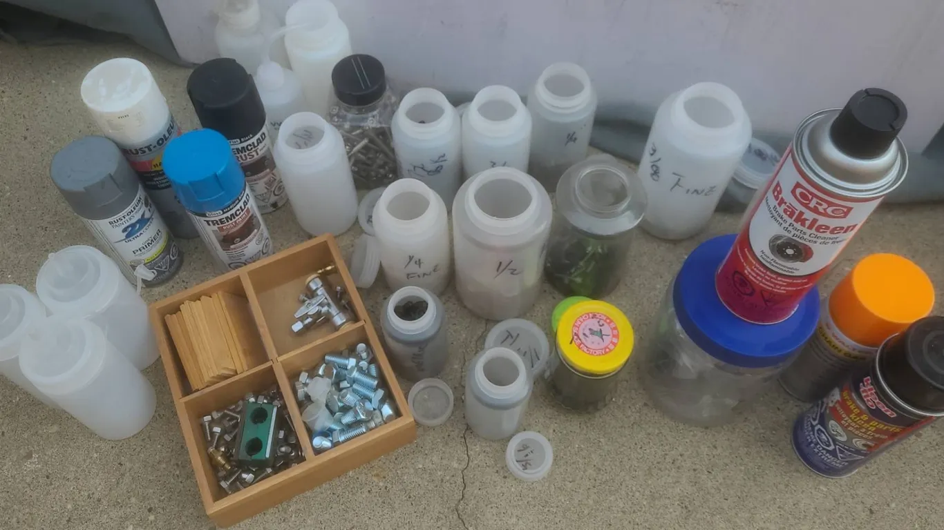 Multi Sized Hardware With Containers, Spray Paint, Cleaners