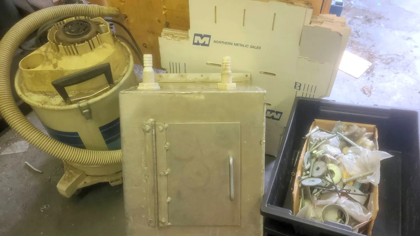 Shop-Vac, Metal Filter Chamber, and Bin of Bearings and Hardware