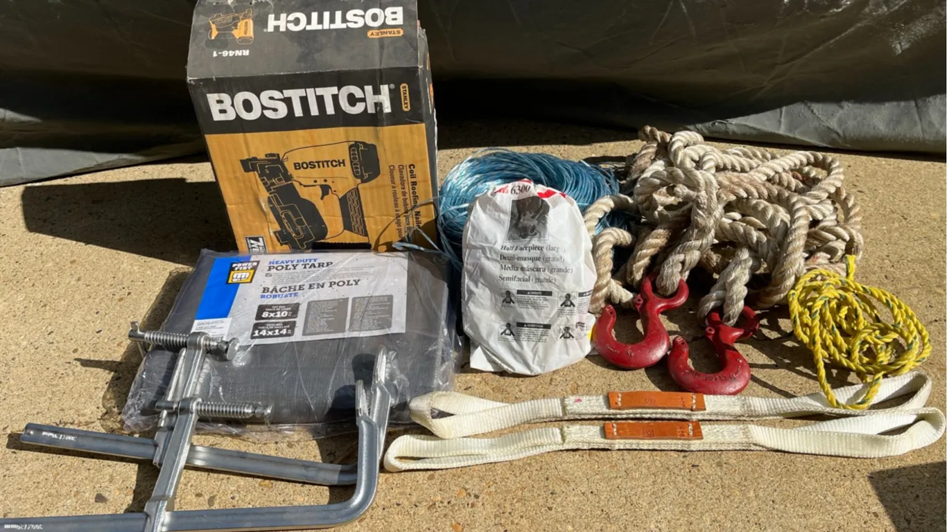 Stanley Bostitch Coil Roofing Nailer, Tarps, Lifting Straps Lot