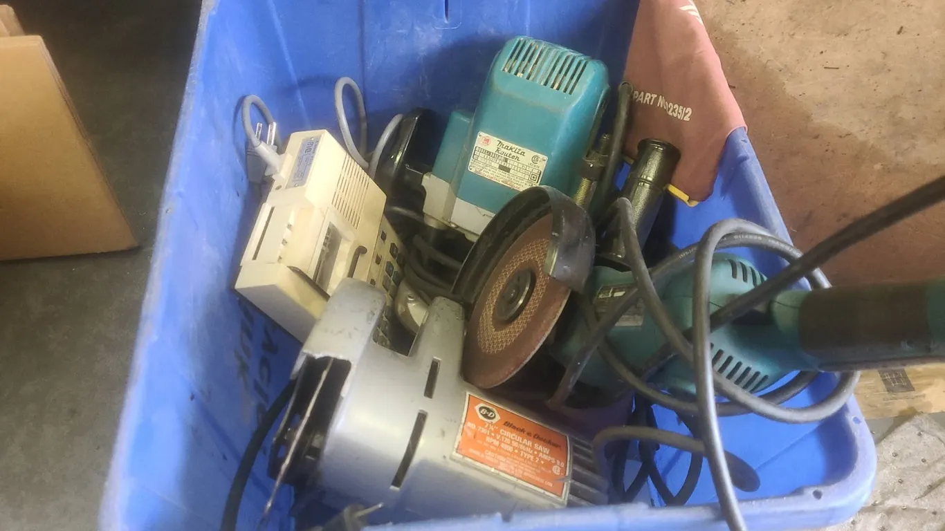 Bin of Power Tools Including Makita, Black & Decker