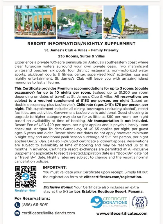 ALL INCLUSIVE, ADULTS/FAMILY VACATION PACKAGE TO THE ST. JAMES CLUB AND VILLAS ON ANTIGUA