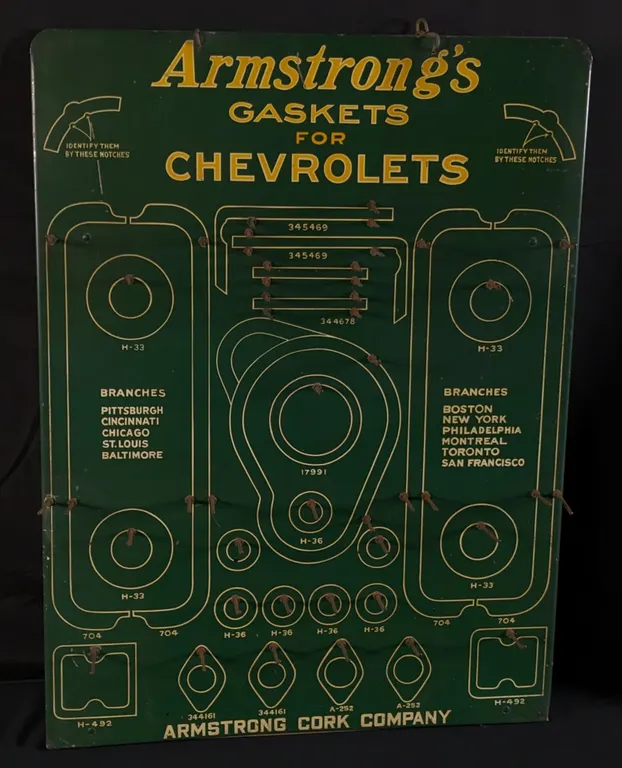 TIN RACK SIGN ARMSTRONG'S CORK GASKETS FOR CHEVROLETS