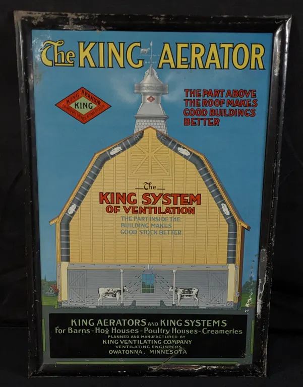 TOC TIN SIGN THE KING AERATOR BARN CUPOLA & WEATHERVANE OWATONNA MINNESOTA