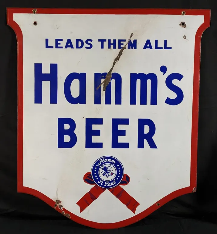 PORCELAIN SIGN HAMMS BEER LEADS THEM ALL (2 SIDED)