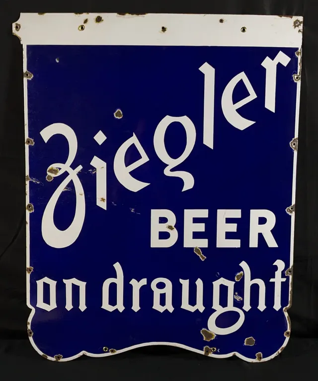 PORCELAIN SIGN ZIEGLER BEER ON DRAUGHT BEAVER DAM WISCONSIN