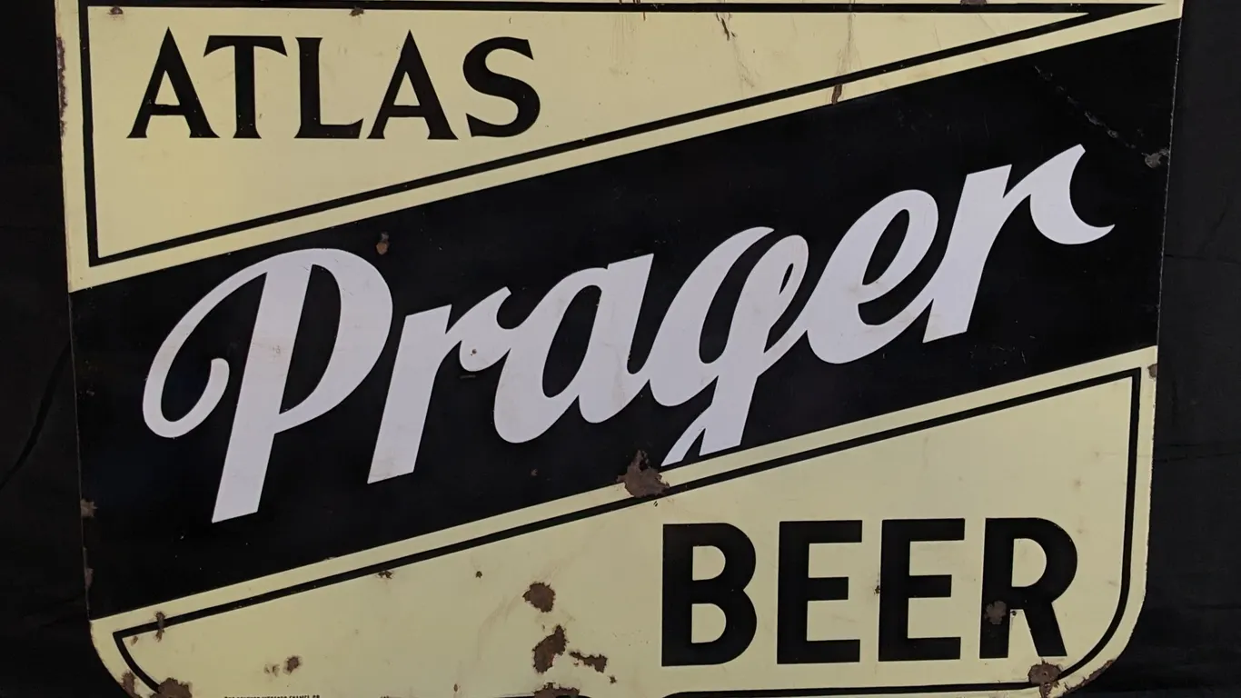 PORCELAIN SIGN ATLAS PRAGER BEER CHICAGO ILLINOIS (2 SIDED)